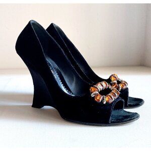 Vintage Casadei Black  Velvet Rhinestone Accent Wedge Heel Evening Pumps …